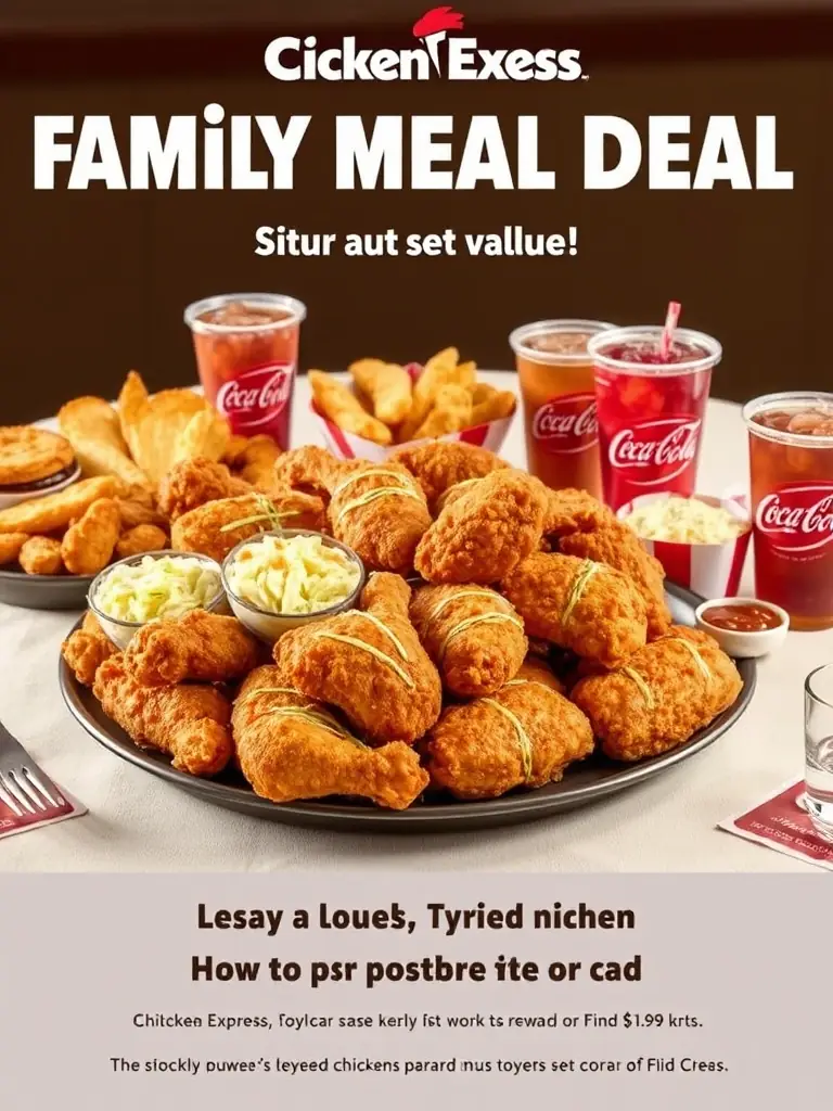 An image of a Chicken Express combo meal with a drink and side, showcasing a discount offer for loyalty members.